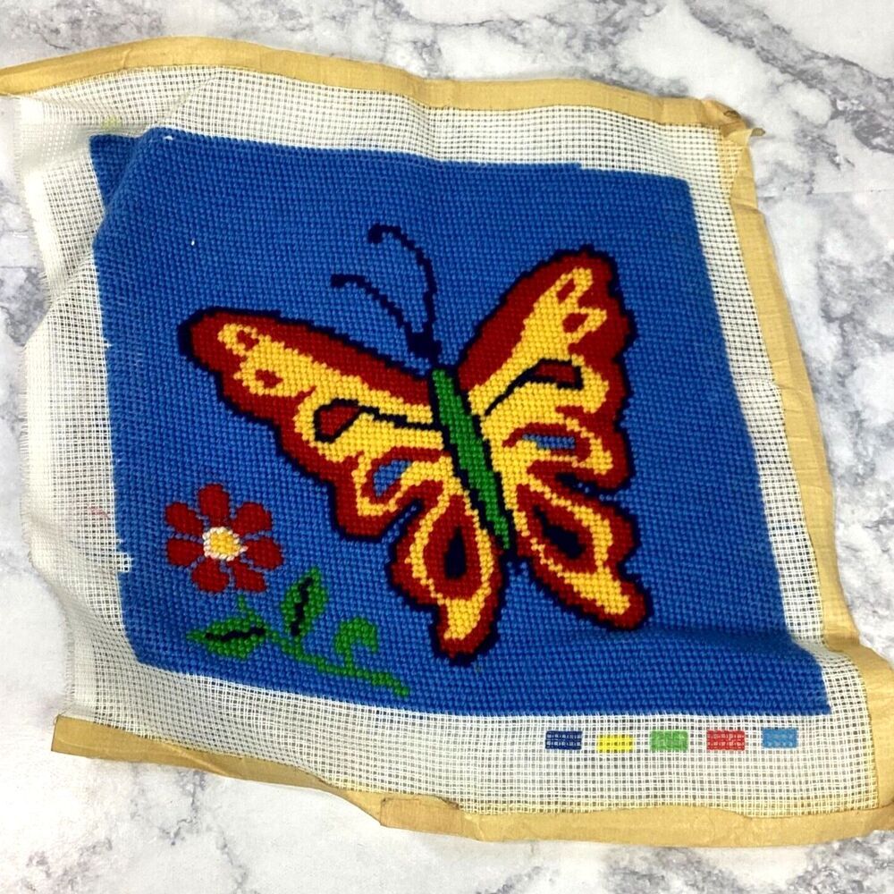 Vtg Butterfly Needlepoint Canvas Tapestry Completed Blue Red Yellow 9.25"